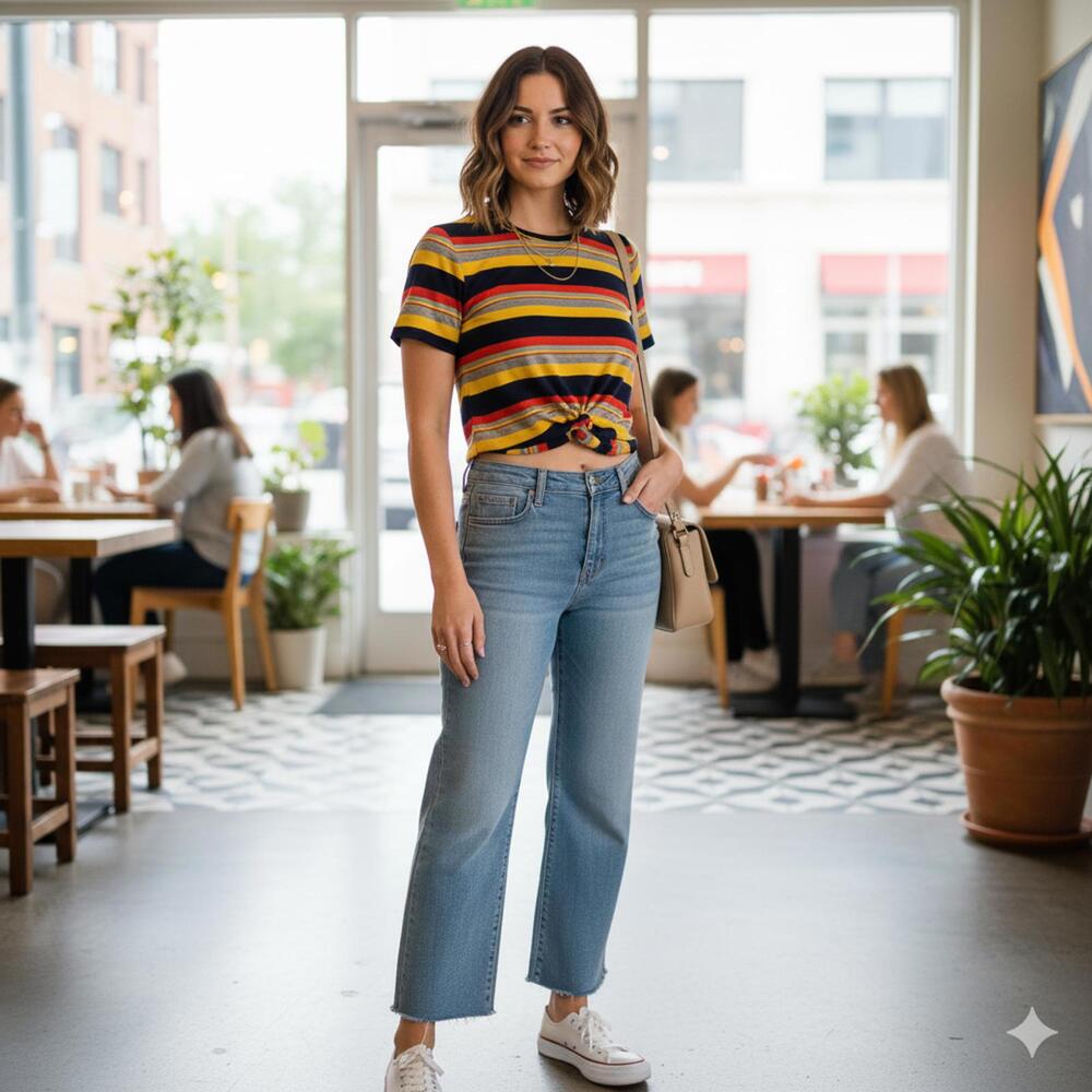 GAZE - Retro Striped Twist Front Knot Tee Navy Red Yellow Gray - Small